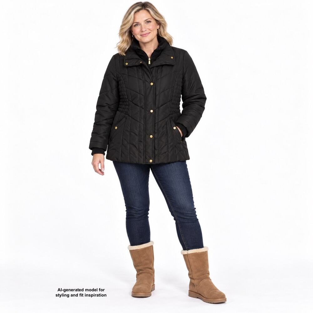 Susan Graver Quilted Puffer Jacket Coat Black Smocked Waist Double Zip Ski Sz L